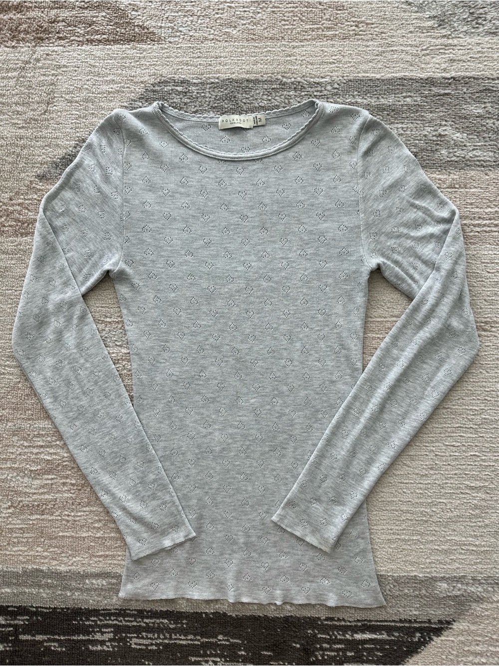 Polkadot Val Crew Long-sleeve Heather Grey Hearts Pointelle Tee Made in England